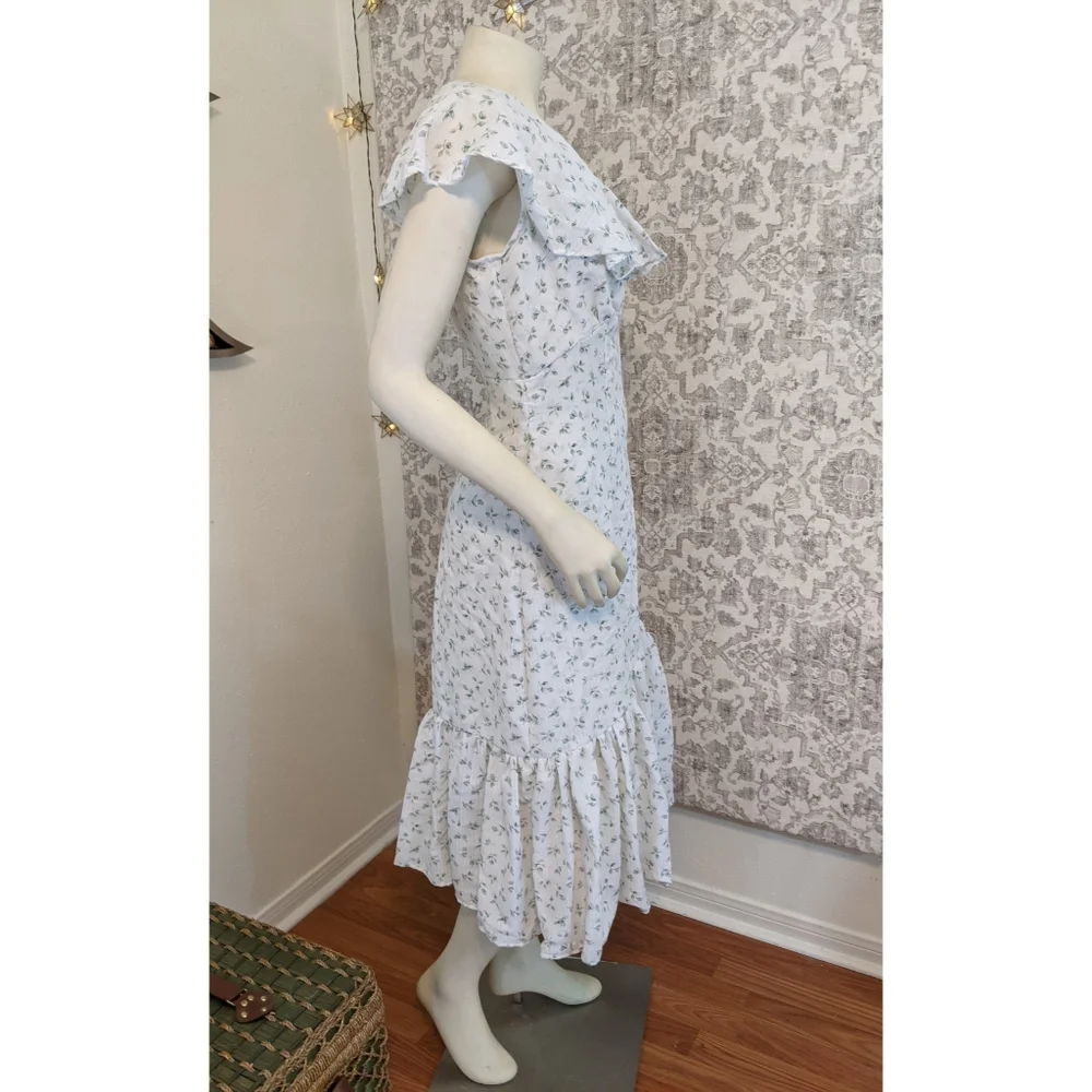 Handmade White Ditsy Floral Ruffle Neck Summer Cotton Midi Dress - Picture 3 of 8